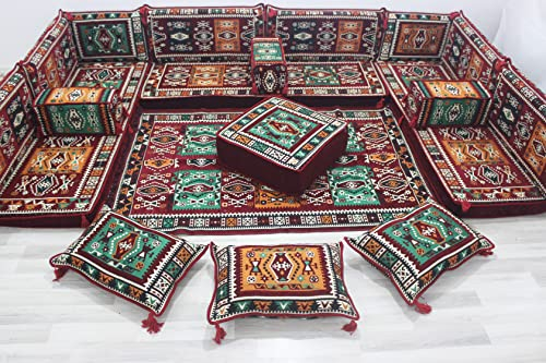 Marokkanisches Bodensofa, arabisches Jalsa, jordanisches Wohnzimmer, arabisches Sofa, Bodencouch, gemütliche Bodenkissen, Boho-Sofa, modulares Sofa, Pouf-Sofa (U Sofa + Teppich + Ottomane)
