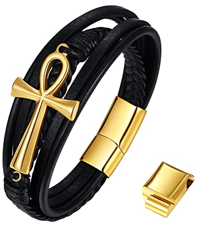 JewelryWe Schmuck Herren Lederarmband, Retro Ägyptische Ankh Kreuz Edelstahl Leder Armband Armreif Manschette, Schwarz Gold