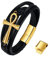 JewelryWe Schmuck Herren Lederarmband, Retro Ägyptische Ankh Kreuz Edelstahl Leder Armband Armreif Manschette, Schwarz Gold