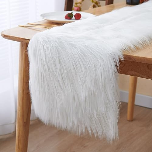 Topspitgo Kunstfell Modern Tischläufer - 30x80cm Deko Fell Tischläufer Weiß,Weihnachten Tischläufer für Weihnachten ,Hochzeit,Home Esstisch, Schminktisch, Couchtisch Moderner Tischläuf