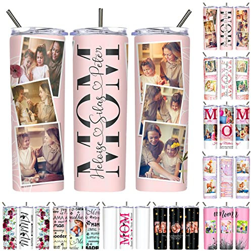 Hodmec Mother's Day Gifts Personalised Skinny Tumbler with Picture 20 oz Custom Mom Photo Insulated Tumbler with Lids and Straws Customised Stainless Steel Tumblers for Mom Grandma