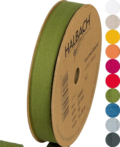 Halbach Seidenbänder Baumwollband 20 mm x m, Bänder zum Basteln als Meterware, Stoffband für Dekorationen, Webband 100% Baumwolle DIY Handwerk, Schrägband Näharbeiten, Farbe: green, 24500