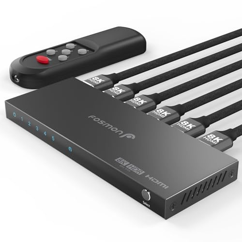Fosmon Switch HDMI 8K 5 Porte con Telecomando, Supporta 8K@60Hz 4K@120Hz Alta Velocità 48Gbps, Commutatore HDMI 2.1 5 in 1 Uscita Splitter Hub Compatibile con PS5 Xbox Apple TV DVD Laptop PC Monitor