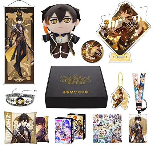 HALOOP Genshin Impact Box Geschenkbox Merch Set mit 11 Geschenken, Wanderer Cyno Xiao All 5 Sterne Charakter Plüschfiguren, Poster, Acryl-Ständer, Aufkleber Set, Sammlung für Traveller Fans (Zhongli)