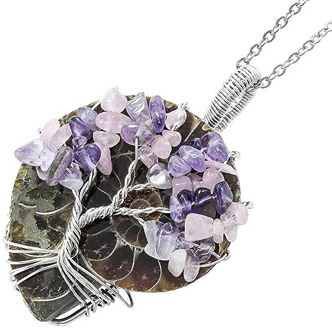 mookaitedecor Ammonite Fossil Healing Crystal Rose Quartz Amethyst Tree of Life Pendant Necklace for Women Girl Jewellery Gift, Semi Precious Stone Wire Wrapped Crystal Necklace Fancy Boho Jewellery