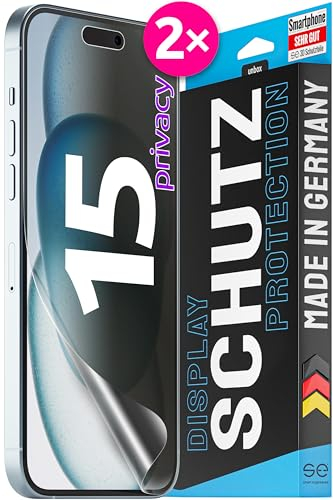 2x se® 3D SCHUTZFOLIE Privacy für Apple iPhone 15,Blickschutz, 100% Fingerabdruck & FaceID kompatibel, einfache blasenfreie Installation, Ultra-Klar, Stoß-Kratzfest, aus Deutschland