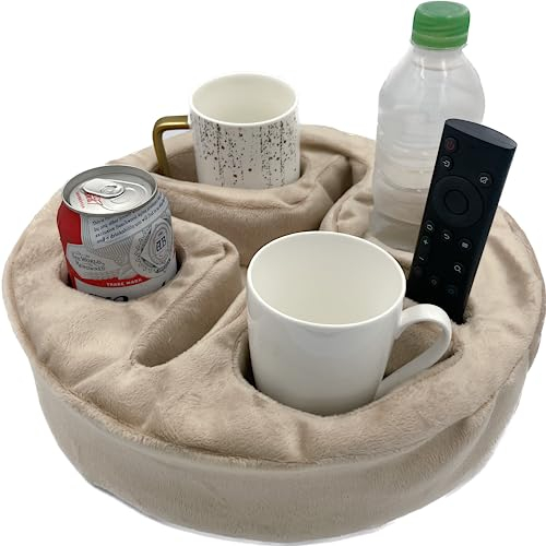 Couch- und Bett-Getränkehalter, Kissen, Sofa-Organizer für Getränke, Fernbedienungen, Handys, Snacks (Beige)