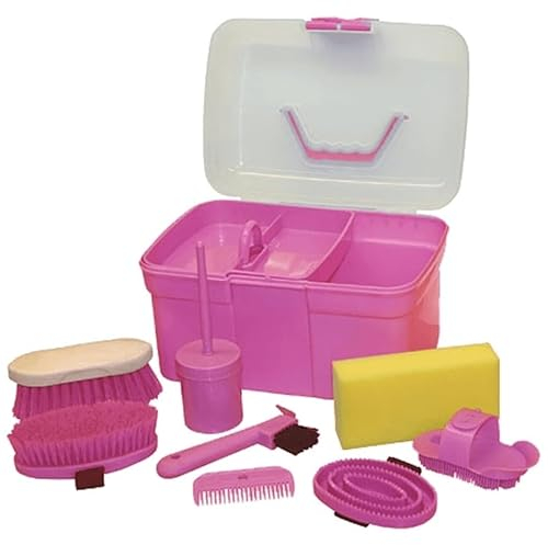 RL24 - Kinder Putzbox für Pferde | Putzkasten mit Inhalt | befüllte Putzkiste mit Mähnenbürste, Striegel, Hufkratzer etc. | Putzkoffer für Pferde | Pferdepflege Set 8-teilig | rosa