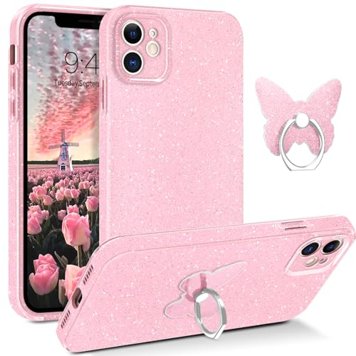GUAGUA für iPhone 11 Hülle, Handyhülle iPhone 11 mit Schmetterling Ring Ständer Glitzer Silikon Schutzhülle Stoßfest Kameraschutz Soft Weich TPU Silikonhülle Case (6,1 Zoll) Rosa