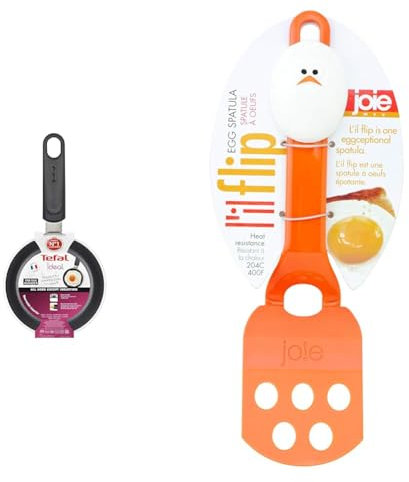 Tefal Ideal Mini One Egg Wonder Non-Stick Frying Pan, 12 cm, Non Induction, Black,package may vary & Joie Kitchen Gadgets 50326 Joie Little Flip Egg Spatula, Orange, nylon, Small
