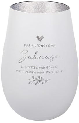 Der-Porzellan-Laden Windlicht mit Gravur Das schönste an Zuhause, Weiß Silber, Teelichthalter aus Glas mit Spruch, Tischdeko modern