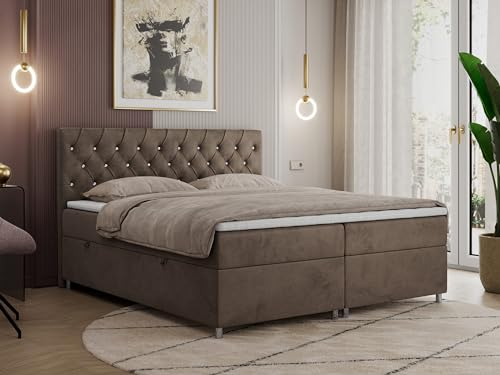 MKS MEBLE Boxspringbett 160x200 mit Bettkasten, Boxspringbett 160x200 mit Matratze, Doppelbett mit Matratze und Topper - Polsterbett mit Kopfteil - Stauraumbett - Roma 160x200 - H3 Braun Velvet