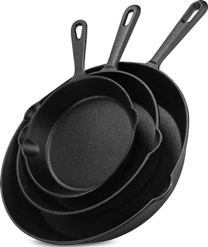 HeroFiber 3-teiliges Gusseisen-Pfannen-Set: 15,2 cm, 20,3 cm, 25,4 cm, mit Schaber und