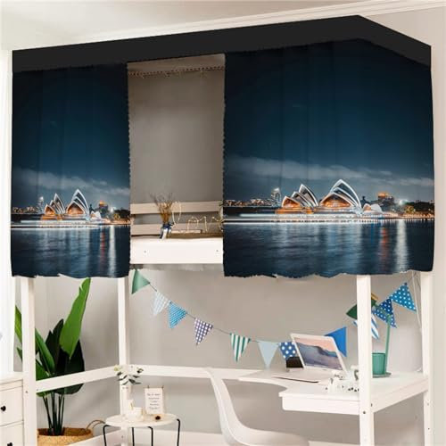 Treer 3D Bettvorhang Hochbett Etagenbett, Blackout Vorhänge Staubdicht Betthimmel Hochbett Etagenbett Kinder Bettzelt Schlafsaal Bettvorhänge (Stadtgebäude 10,1.2x2M)