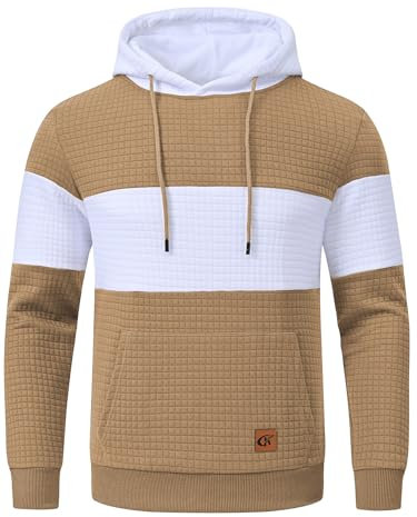 YuKaiChen Herren Pullover Herren Patchwork Hoodie Langarm Jacquard Kaputzenpullover Farbblock Sweatshirt mit Taschen Khaki Weiß Khaki Groß