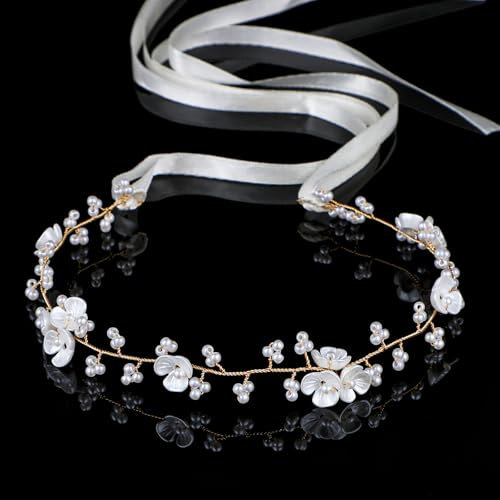 AOZUO Haarschmuck Mädchen Kinder, Blumenmädchen Kopfschmuck Stirnband, Weiße Perlen Blumenstirnband Prinzessin Mädchen Hochzeit Haarschmuck Haarband für Mädchen Geburtstagsfeier Erstkommunion