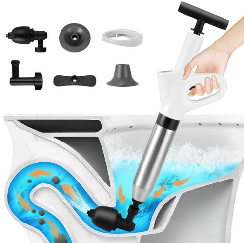 Toilet Plunger, Toilet Unblocker, High Pressure Plunger Kit with 4 Replaceable Heads and a Holder, Plunger Sink Unblocker for Unblocking Bathtub, Sink, Toilet, Drain, Floor Drain and Pipe Clog