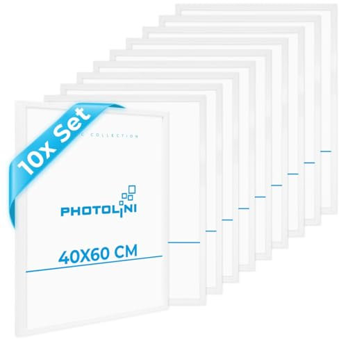 PHOTOLINI Bilderrahmen 40x60 weiß 10er Set Holz MDF, Bilderrahmen 60x40 weiß, picture frame 40x60 mit bruchsicherem Acrylglas zum Aufhängen, Rahmen 60x40 mit extra Zubehör - für Fotos & Poster