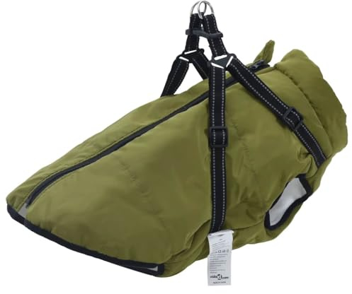 vidaXL Hundemantel mit Geschirr Wasserdicht Armeegrün L68, Hundemantel Winter, Hundejacke mit Geschirr, Welpenmantel mit Geschirr