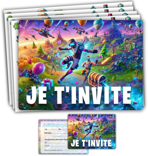 roxisha - Lot de 10 Cartes Invitation Anniversaire Thème Fortnite + Enveloppes - Garçon et Ado - Carte Postale 10,4 x 14,8 cm - Préremplies en Français - Idéal pour Fête et Goûter d'Anniversaire