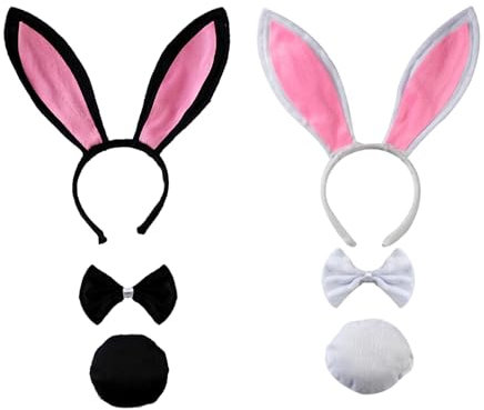 Lufdegim Lot de 2 costumes de lapin, oreilles de lapin et queue de lapin, nœud papillon et oreilles de lapin, serre-tête pour carnaval, cosplay, fête costumée, noir/blanc, taille unique