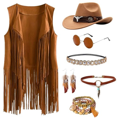 Jokureao 7Stück Hippie Kleidung Damen Set, Cowgirl Western Outfit, Hippie Kostüm Damen Set mit Hippie Ohrringe, Brille, Armband, Halskette, 60er 70er Hippie Bekleidung Faschingskostüme Halloween