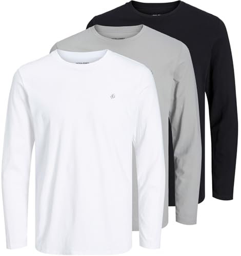 JACK & JONES Mens 3 Pack Crew Neck Long Sleeve T-Shirt White/Grey/Black L