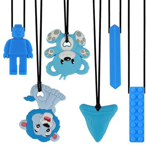 HOTUT Kaukette für Kinder,6 Stück Silikon Beißkette,Sensory Kauen Halskette,Kauanhänger,Beißring Anhänger für Jungen Und Mädchen mit Autismus Und ADHS (Blau)