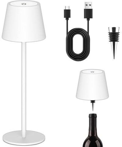 ANTELA Lampada LED da Tavolo Senza Fili Ricaricabile, Dimmer Touch Dimmerabili con USB-C, Lampada da Scrivania Portabile, per Interni/Esterni, Ristorante/Camera da Letto/Bar, Bianco