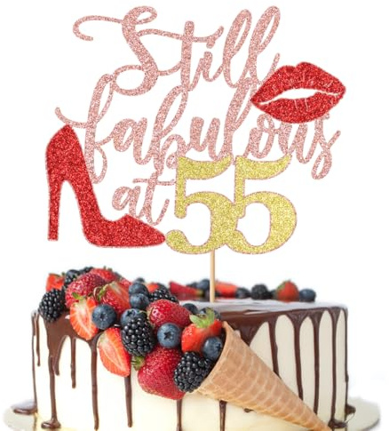 Crseniny Rose Gold Glitter Still Fabulous at 55 Cake Topper,Happy 55th Birthday Cake Topper,Queen High heels Big Red lips Cake Topper,Women 55th Birthday Party Cake Decorations