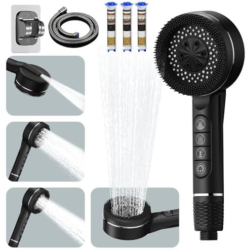 Hard Water Filter Shower Head with 1.5m Hose and Holder, 4 Mode High Pressure Shower Heads with Pause Switch, Powerful Handheld Massage Filter Showerhead for Residual Chlorine Remove,Black