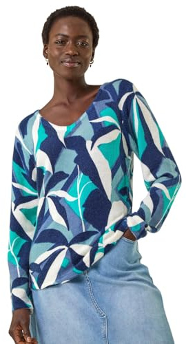 Roman Originals Abstract V-Neck Knit Jumper for Women UK - Ladies Everyday Autumn Winter V-Neckline Comfy Soft Evening Vacation Work Party Night Out - Blue - Size 20