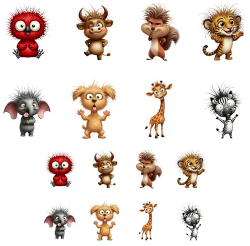 ANATTASOUL 16Pcs Lustige seltsame Tiere Bügelbilder Für Textilien Kleidung | 6.5 x 8 CM/18 x 22 CM Schnell & Einfach Bügelbild DIY Sticker zum Aufbügeln Bügelbilder Erwachsene für Hosen, Hüte, Taschen