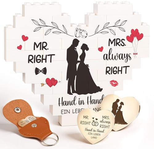 Giftota Geschenk zur Hochzeit Hand in Hand Herzförmige Bausteine und Glücksbringer Hochzeit Deko, Hochzeitsgeschenk für Brautpaar Mr & Mrs Jahrestag Geschehenk für Ihn - Hochzeitstag Valentinstag