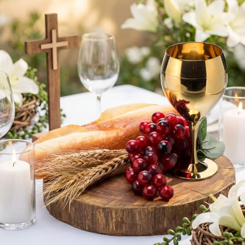 Qinyoung Tischdekoration für die Erstkommunion, Taufdekorationssets, Goldweinkelch, Kelch, lebensechte Trauben, Brot, Weizen, religiöse, heilige Kommunion, Tischdekoration für Taufe, Kirche, Zuhause