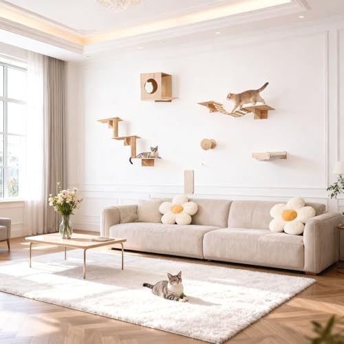 Étagères Murales pour Chat 6 en 1, Arbre à Chat Mural Jusqu’à 15 kg | avec Maison, Hamac, Pont, Plateformes, Escalade, Tapis de Sisal, Meuble Mural Gain de Place pour Chat, Aménagement Mural