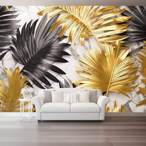 Tapete aus Hochwertige Kühle Goldene Palmenblätter Vliestapeten, 150 x 105 cm（WxH Panoramatapeten - Wanddekoration & Tapete für Wohnzimmer Schlafzimmer Flur Weiß