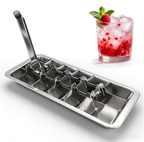 HZOUHONG Edelstahl Eiswürfelform 18 Eisfächern mit Hebeleinsatz, Große Eiswürfelform Müheloses Entnehmen, Eiswürfelbehälter Abnehmbar, für Cocktail, Whisky, Saft, Tee, Kaffee