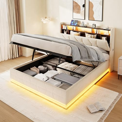 RIAZOS Polsterbett 140x200 cm, Hydraulischem Stauraum, LED-Beleuchtung | Stauraum-Kopfteil mit USB/Type-C-Ladestation, Doppelbett, Jugendbett, Erwachsenenbett, Samt, Beige, ohne Matratze