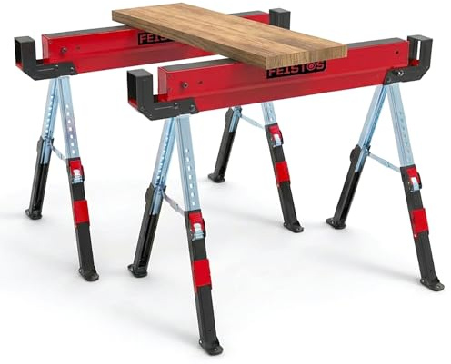 FEISTOS Forta Plus Duo, 2er-Set höhenverstellbare Arbeitsböcke | Zwei höhenverstellbare Arbeitsböcke mit je 500 kg Traglast und Materialstütze für sicheres Lagern und exaktes Zuschneiden.