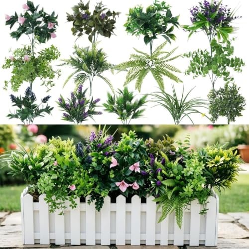 Laelfe Piante Artificiali per Esterno, Felci Arbustive Finte Resistenti ai Raggi UV, Foglie di Fogliame Artificiale per Portico Anteriore, Patio, Giardino, Cortile (13, Pianta Verde con Fiori)