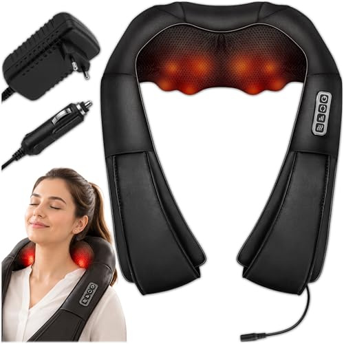 KRUMAD Elektrische Nackenmassagegeräte, Massagegerät, Massagekissen | mit Wärme für Rücken, Nacken, Schulter, 7,4V Akku, Stromversorgung über Adapter, Einstellung der Modi und Funktionen, Schwarz