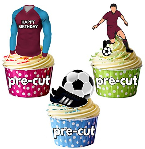 AK Giftshop PRECUT Happy Birthday Football Party Pack - Edible Cupcake Toppers/Cake Decorations Blue and Claret Shirt Top (Pack of 12)