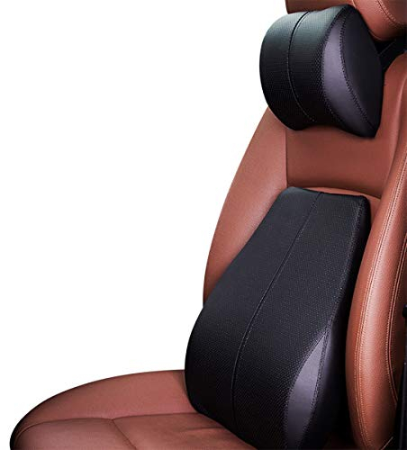 Ergocar Memory-Schaum Nackenkissen & Lendenkissen PU-Leder Rückenstützkissen Zur Rückenentlastung für Zuhause Büro Auto und Reise (Schwarz, Nackenkissen+Lendenkissen)