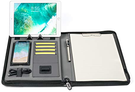 Konferenzmappe mit Reißverschluss Schreibmappe arbeitsmappe Mymazn A4 Padfolio-Dokumentenhalter aus PU-Leder mit 5000 mAh Powerbank und kabelloser Aufladung für Reisen und Besprechungen