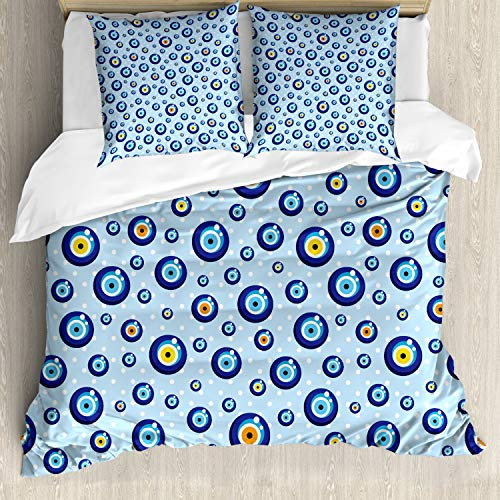 ABAKUHAUS Evil Eye Bettwäsche Set für Doppelbetten, Schutzschilder für Kinder, Weicher Microfaserstoff Allegigeignet kein Verblassen, Hellblau Weiß