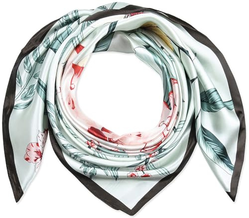corciova 35 Women Silk Feeling 90 cm Square Hair Neck Sleeping Scarf Dark Lava Magic Mint Squirrel Hydrangea