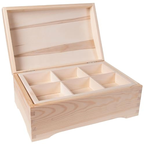 WooDeeDoo Wooden Treasure Chest with Hinged Lid and 6-Compartment Inner Tray – Unfinished Pine Storage for Jewellery Trinkets Memorabilia Gifts Crafts – Customisable Decorative Box – 30 x 20 x 13 cm