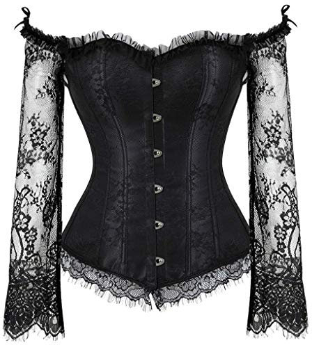 Kelvry Women Sexy Basque Off-Shoulder Lace up Boned Bustier Overbust Corset Tops with Long Sleeve (10-12, Black)