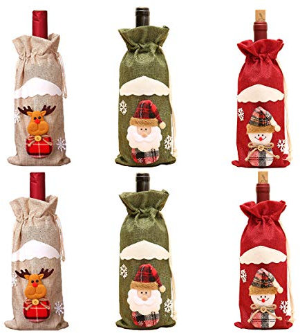 Fantasyon 6 Pcs Christmas Wine Bottle Cover Bags, Santa Snowman Deer Pattern Bottle Wrap Christmas Wine Bottle Gift Bags for Home Dinner Party Decoration